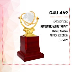 Metal Trophy with revolving Crystal Globe & Handshake