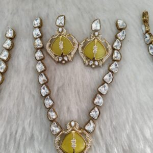 Yellow Sapphire & White Stone Necklace Set with Matching Ear Rings