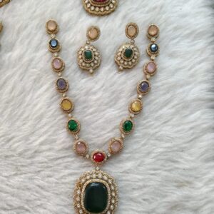 Yellow & Green Color Big Stone Pendant Set With a Matching Chain and Ear Rings