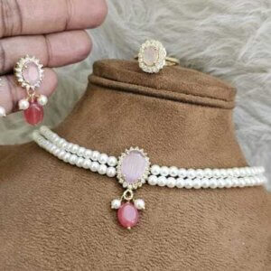 Hyderabad Pearl & Pink Stone Choker Combo Set – 22K Gold Plated | Earrings, Ring & Choker