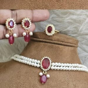 Hyderabad Pearl & Red Stone Choker Combo Set – 22K Gold Plated | Earrings, Ring & Choker