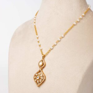Gold Plated Silver Necklace Set with Earrings – 18g | Pearl Beads & Diamond-Shaped Pendant