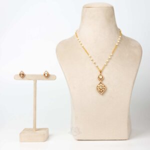 Gold Plated Silver Necklace Set with Earrings – 18g | Pearl Beads & Diamond-Shaped Pendant