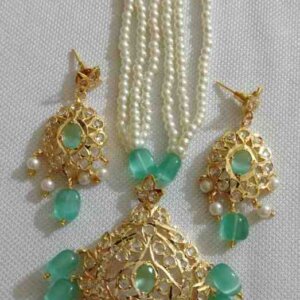 Authentic Monalisa Stone & Semi-Precious Pearl Pendant Set – Handcrafted Gold Finish Designer Necklace with Earrings | Export Collection