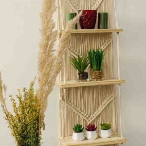 Handcrafted Macramé Art Wall Shelf – 3-Tier Hanging Shelf for Home Décor, Plants & Idols